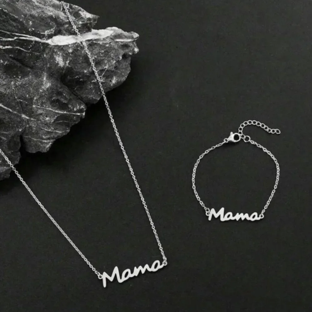1pc Stainless Steel MAMA Necklace & 1pc Chain Bracelet For Women Mother's Day